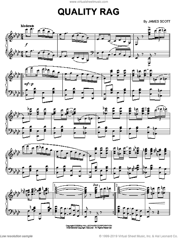 Quality Rag sheet music for piano solo by James Scott, intermediate skill level