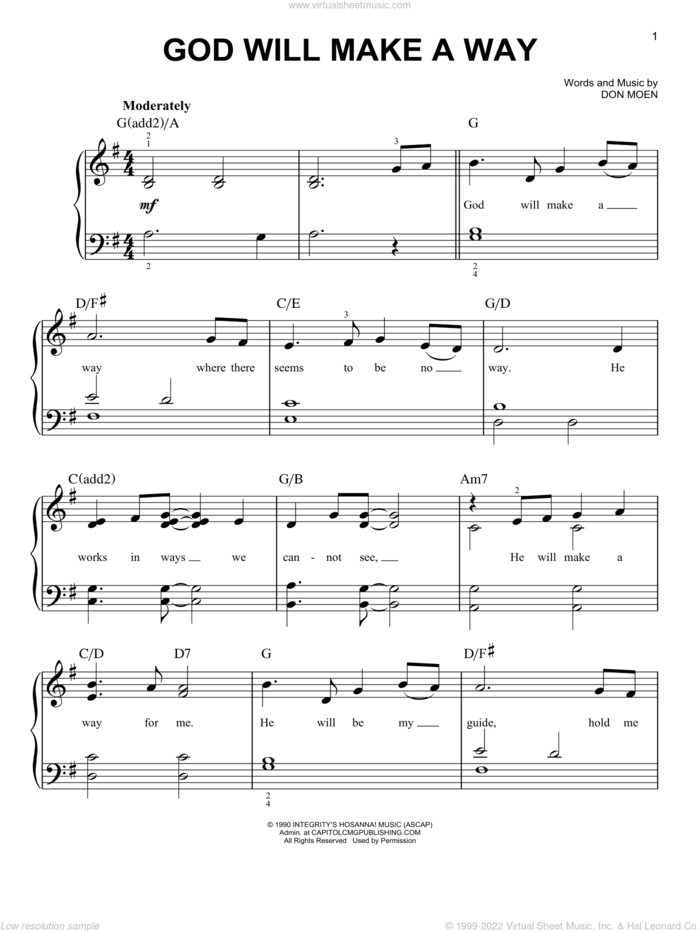 God Will Make A Way, (easy) sheet music for piano solo by Don Moen, easy skill level