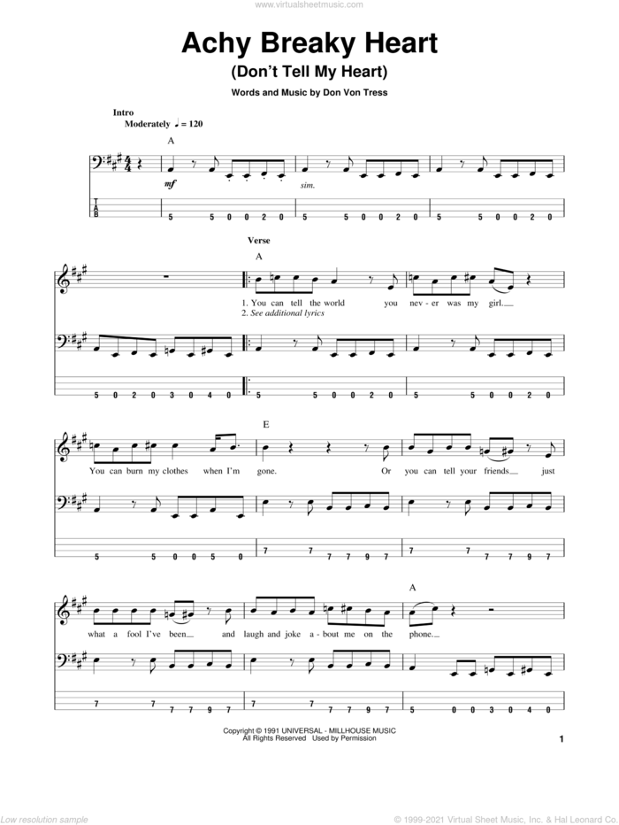 Achy Breaky Heart (Don't Tell My Heart) sheet music for bass (tablature) (bass guitar) by Billy Ray Cyrus and Don Von Tress, intermediate skill level