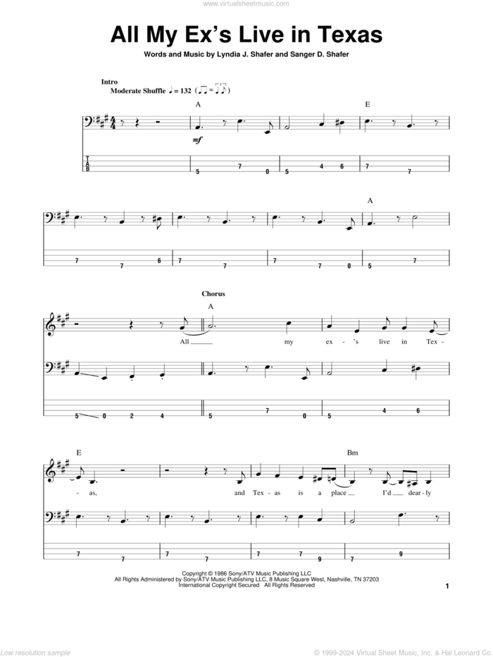 All My Ex's Live In Texas sheet music for bass (tablature) (bass guitar) by George Strait, Lyndia J. Shafer and Sanger D. Shafer, intermediate skill level