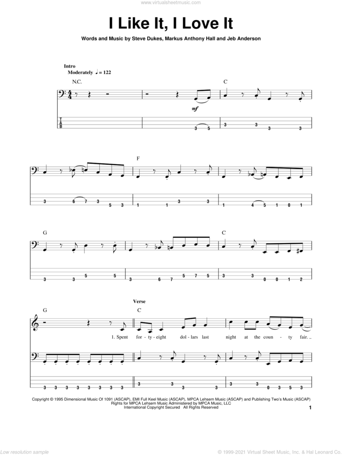 I Like It, I Love It sheet music for bass (tablature) (bass guitar) by Tim McGraw, Jeb Anderson, Markus Anthony Hall and Steve Dukes, intermediate skill level