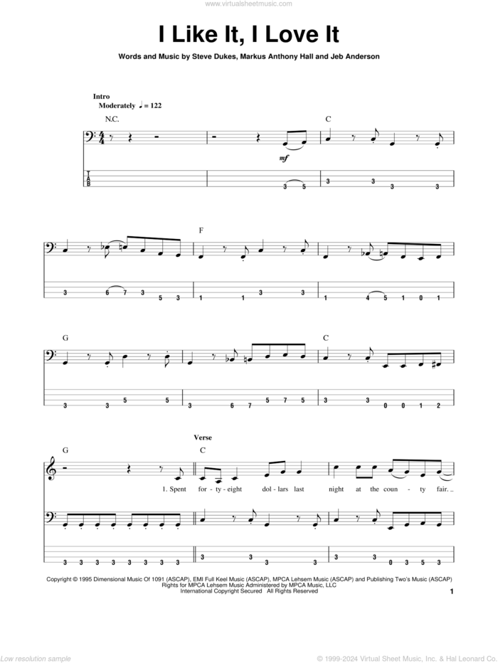 I Like It, I Love It sheet music for bass (tablature) (bass guitar) by Tim McGraw, Jeb Anderson, Markus Anthony Hall and Steve Dukes, intermediate skill level