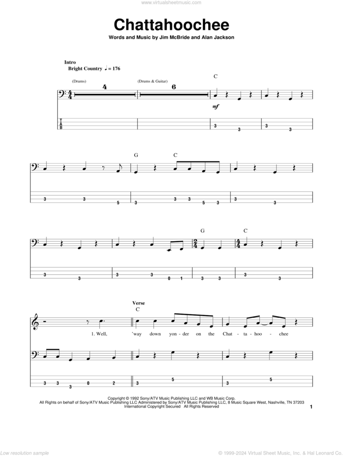 Chattahoochee sheet music for bass (tablature) (bass guitar) by Alan Jackson and Jim McBride, intermediate skill level