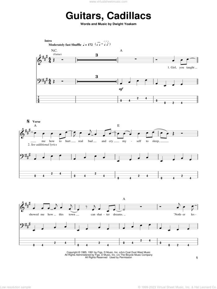 Guitars, Cadillacs sheet music for bass (tablature) (bass guitar) by Dwight Yoakam, intermediate skill level
