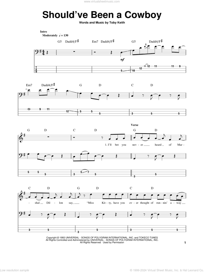 Should've Been A Cowboy sheet music for bass (tablature) (bass guitar) by Toby Keith, intermediate skill level