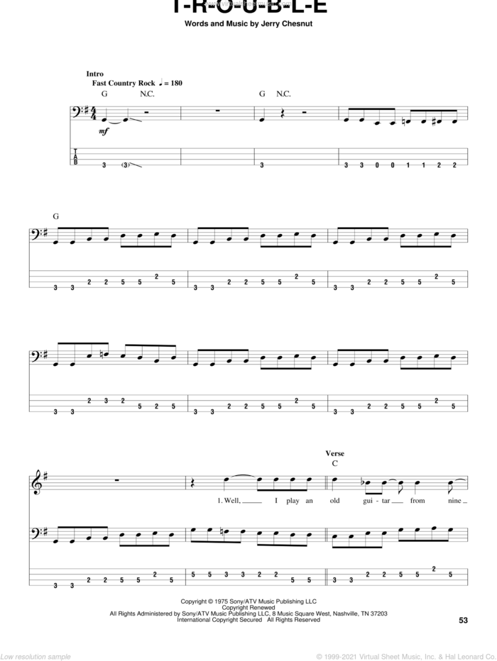 T-R-O-U-B-L-E sheet music for bass (tablature) (bass guitar) by Travis Tritt, Elvis Presley and Jerry Chesnut, intermediate skill level