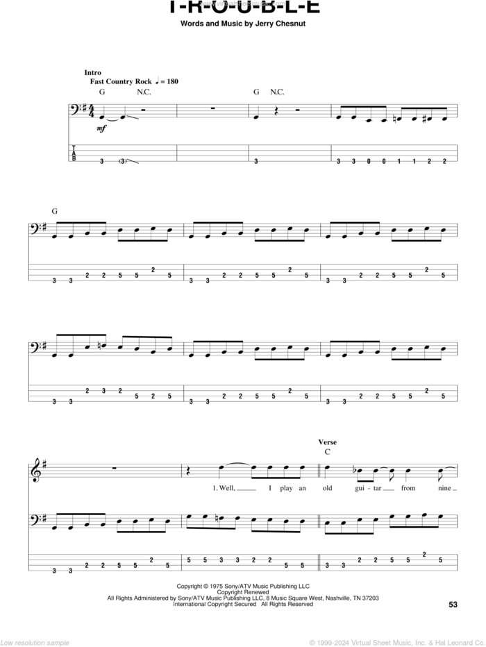 T-R-O-U-B-L-E sheet music for bass (tablature) (bass guitar) by Travis Tritt, Elvis Presley and Jerry Chesnut, intermediate skill level