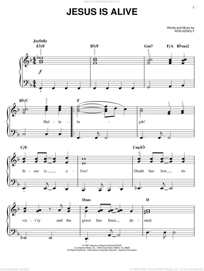 Jesus Is Alive sheet music for piano solo by Ron Kenoly, easy skill level