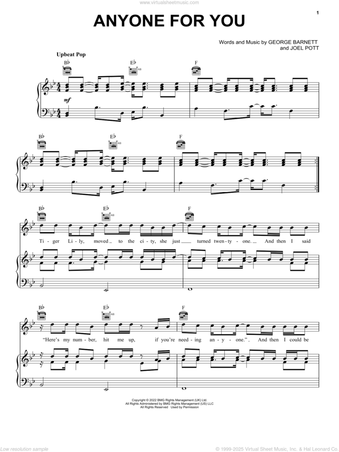 Anyone For You (Tiger Lily) sheet music for voice, piano or guitar by George Ezra, George Barnett and Joel Pott, intermediate skill level