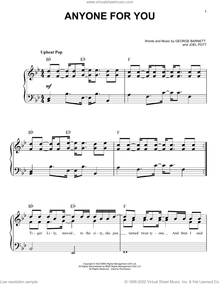 Anyone For You (Tiger Lily) sheet music for piano solo by George Ezra, George Barnett and Joel Pott, easy skill level