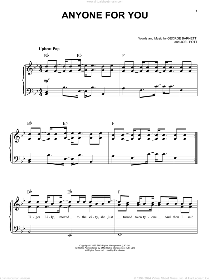 Anyone For You (Tiger Lily) sheet music for piano solo by George Ezra, George Barnett and Joel Pott, easy skill level