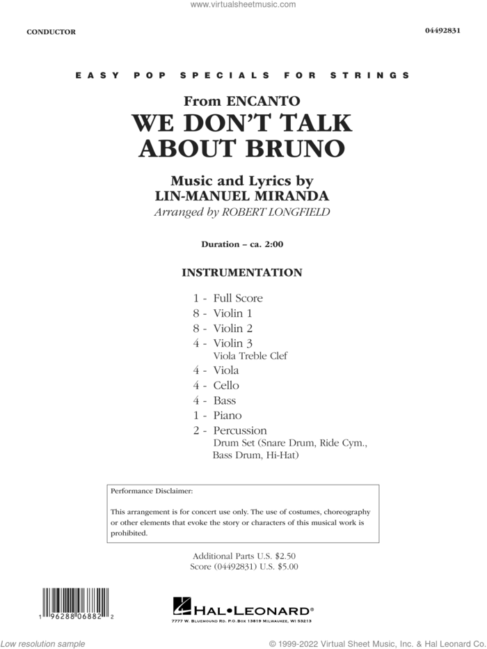 We Don't Talk About Bruno (from Encanto) (arr. Robert Longfield) (COMPLETE) sheet music for orchestra by Lin-Manuel Miranda and Robert Longfield, intermediate skill level