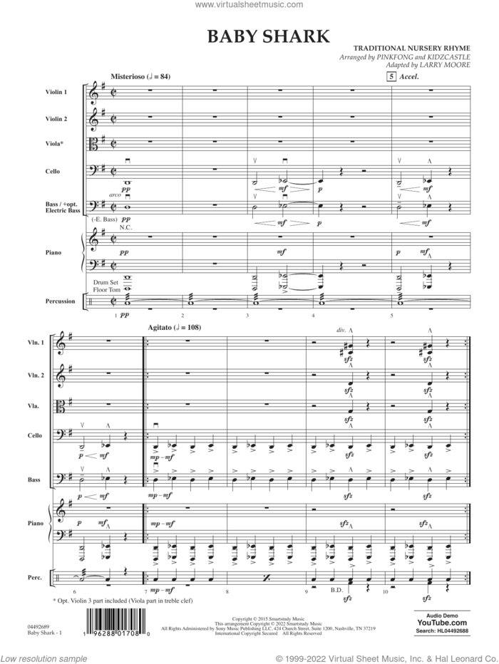 Baby Shark (arr. Larry Moore) (COMPLETE) sheet music for orchestra by Larry Moore, KidzCastle, Pinkfong and Traditional Nursery Rhyme, intermediate skill level