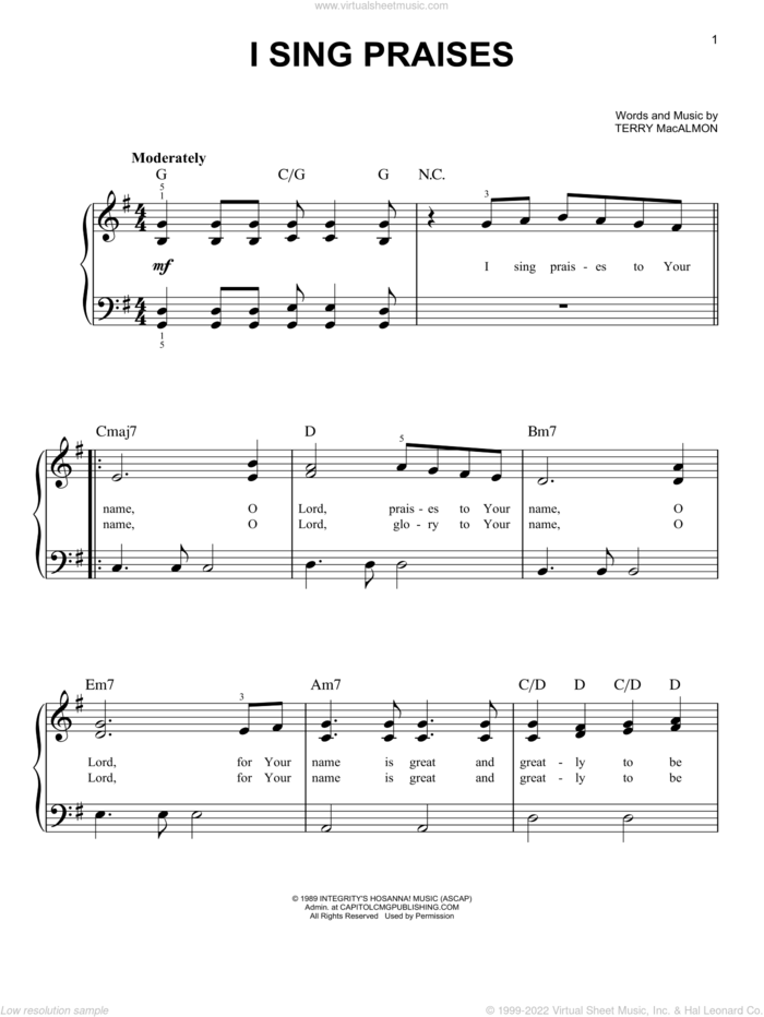 I Sing Praises sheet music for piano solo by Terry MacAlmon, easy skill level