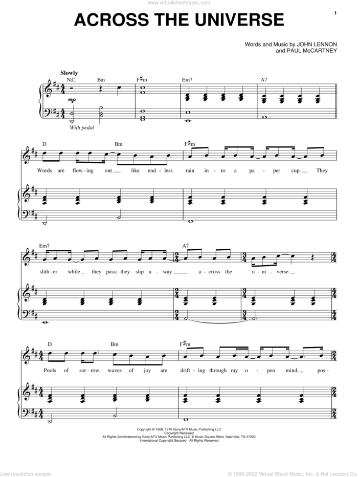 Across The Universe (from Across The Universe) sheet music for voice and piano by The Beatles, Across The Universe (Movie), John Lennon and Paul McCartney, intermediate skill level