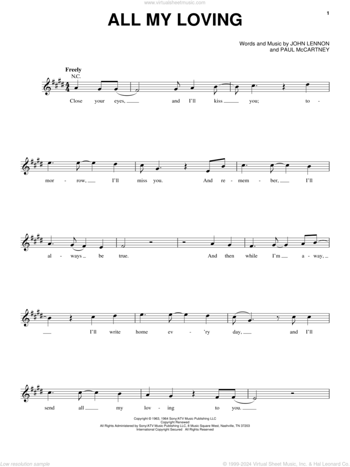 All My Loving (from Across The Universe) sheet music for voice and piano by The Beatles, Across The Universe (Movie), John Lennon and Paul McCartney, intermediate skill level