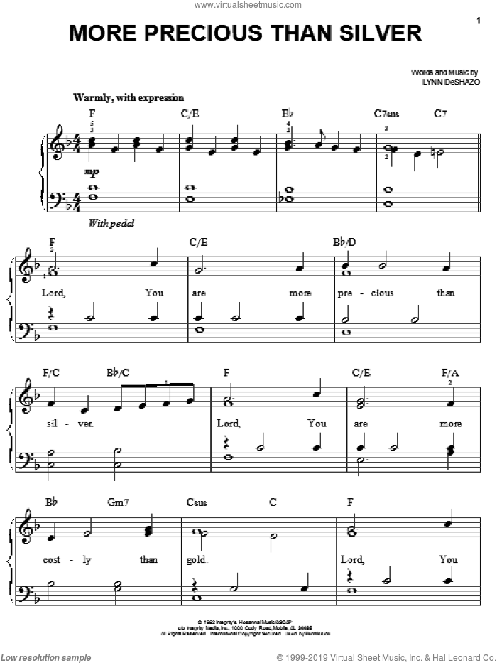 More Precious Than Silver, (easy) sheet music for piano solo by Lynn DeShazo, easy skill level