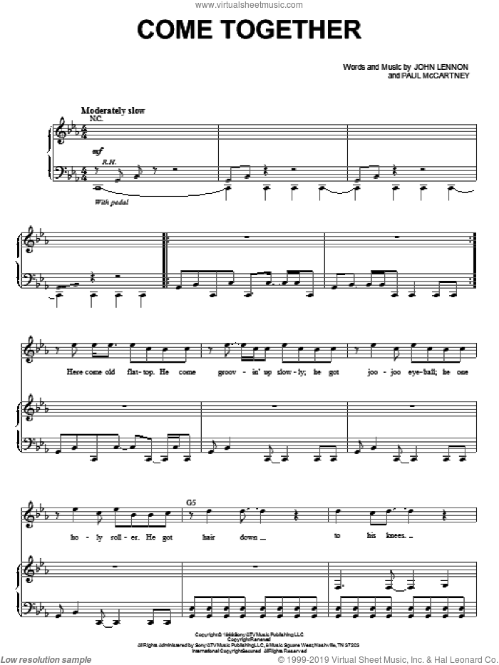 Come Together (from Across The Universe) sheet music for voice and piano by The Beatles, Across The Universe (Movie), John Lennon and Paul McCartney, intermediate skill level