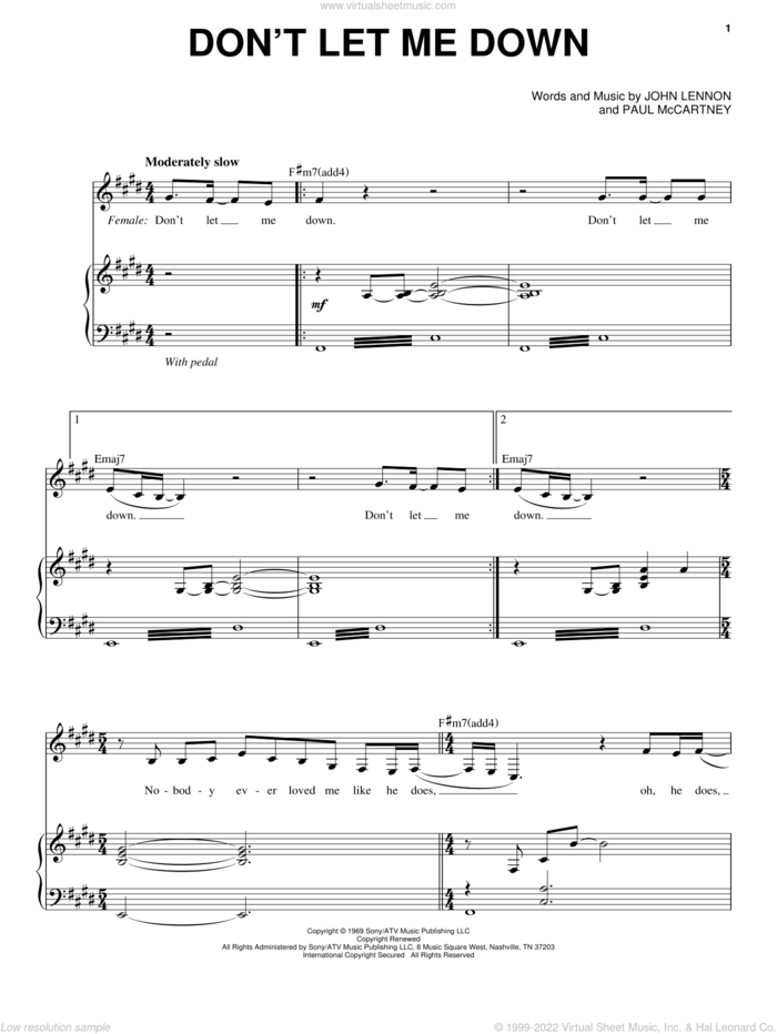 Don't Let Me Down (from Across The Universe) sheet music for voice and piano by The Beatles, Across The Universe (Movie), John Lennon and Paul McCartney, intermediate skill level