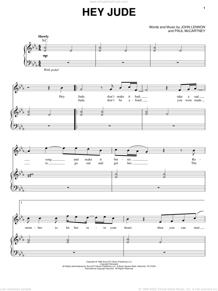 Hey Jude (from Across The Universe) sheet music for voice and piano by The Beatles, Across The Universe (Movie), John Lennon and Paul McCartney, intermediate skill level
