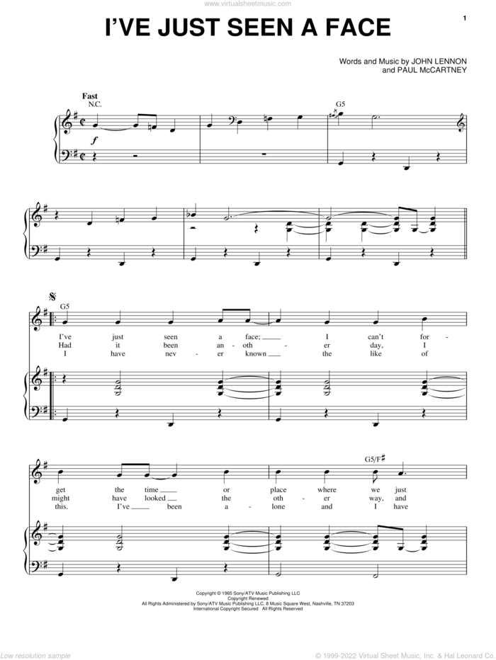 I've Just Seen A Face (from Across The Universe) sheet music for voice and piano by The Beatles, Across The Universe (Movie), John Lennon and Paul McCartney, intermediate skill level