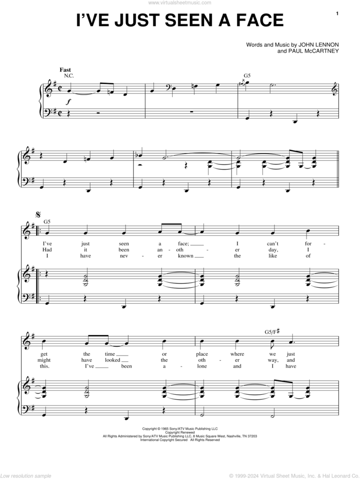 I've Just Seen A Face (from Across The Universe) sheet music for voice and piano by The Beatles, Across The Universe (Movie), John Lennon and Paul McCartney, intermediate skill level