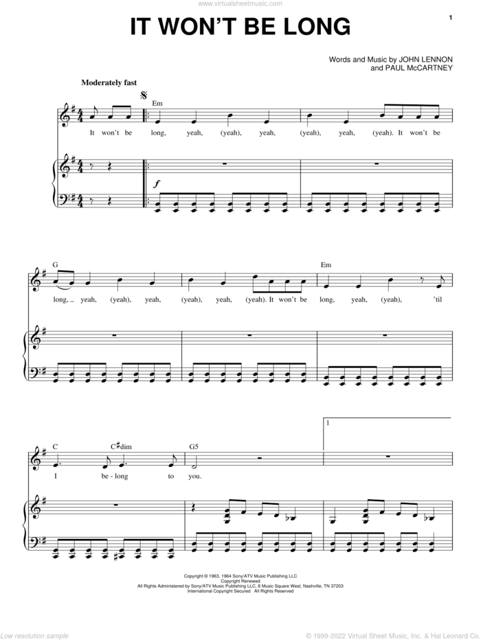 It Won't Be Long (from Across The Universe) sheet music for voice and piano by The Beatles, Across The Universe (Movie), John Lennon and Paul McCartney, intermediate skill level