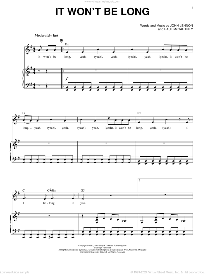 It Won't Be Long (from Across The Universe) sheet music for voice and piano by The Beatles, Across The Universe (Movie), John Lennon and Paul McCartney, intermediate skill level