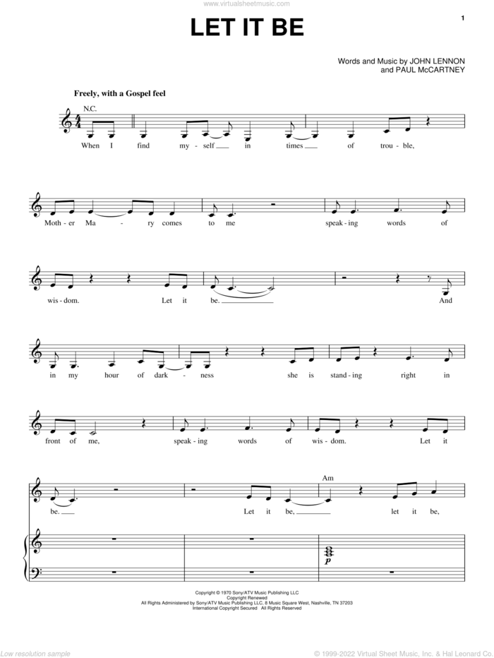 Let It Be (from Across The Universe) sheet music for voice and piano by The Beatles, Across The Universe (Movie), John Lennon and Paul McCartney, intermediate skill level