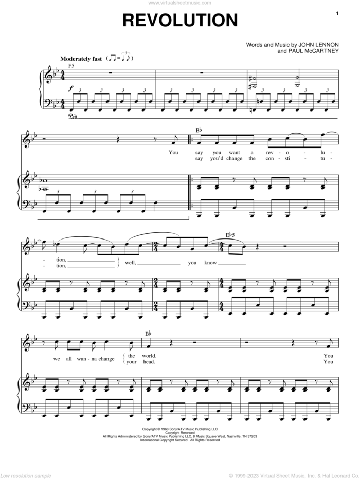 Revolution (from Across The Universe) sheet music for voice and piano by The Beatles, Across The Universe (Movie), John Lennon and Paul McCartney, intermediate skill level