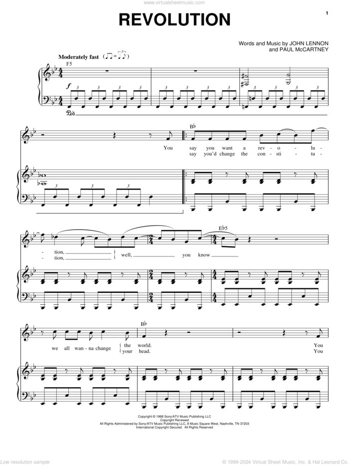 Revolution (from Across The Universe) sheet music for voice and piano by The Beatles, Across The Universe (Movie), John Lennon and Paul McCartney, intermediate skill level