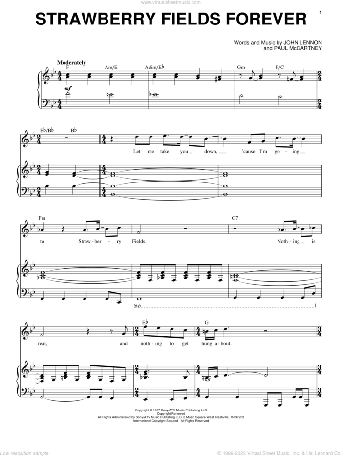 Strawberry Fields Forever (from Across The Universe) sheet music for voice and piano by The Beatles, Across The Universe (Movie), John Lennon and Paul McCartney, intermediate skill level