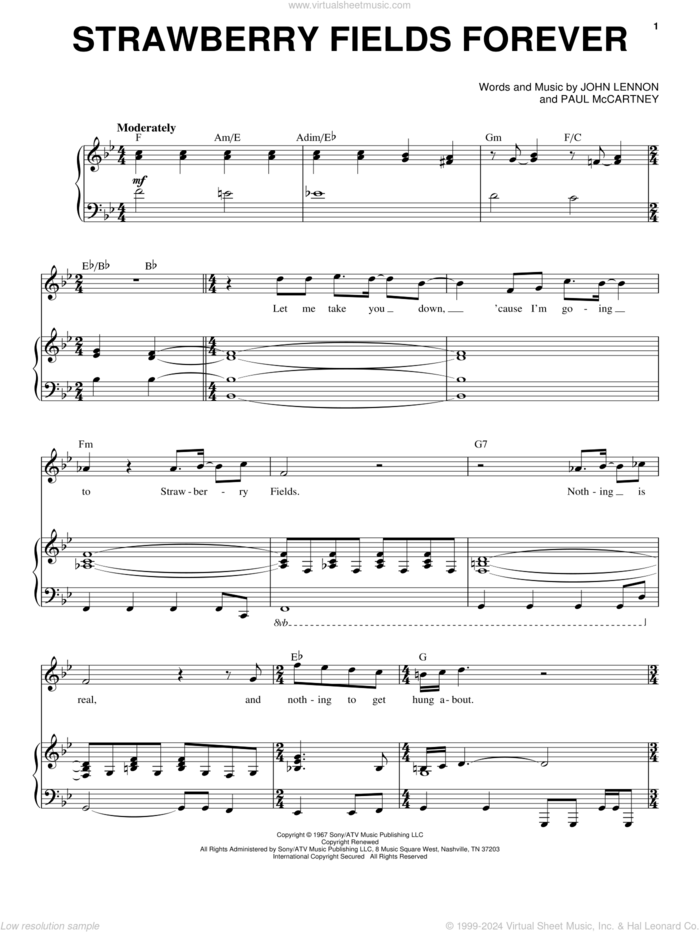 Strawberry Fields Forever (from Across The Universe) sheet music for voice and piano by The Beatles, Across The Universe (Movie), John Lennon and Paul McCartney, intermediate skill level