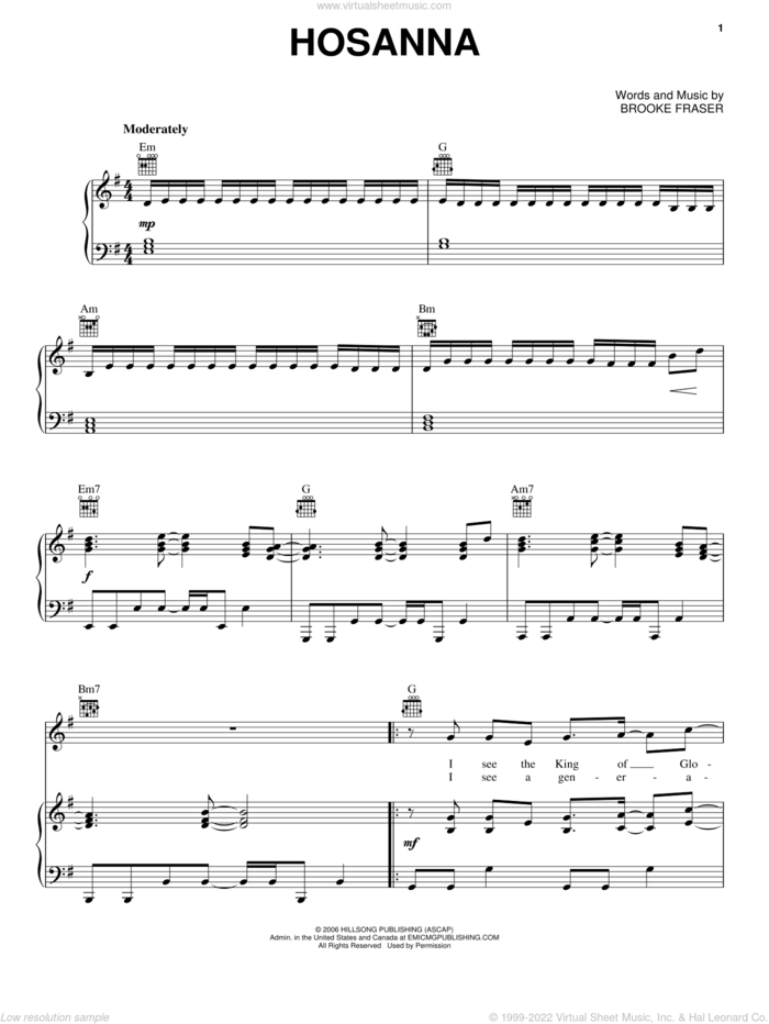 Hosanna sheet music for voice, piano or guitar by Hillsong United and Brooke Fraser, intermediate skill level