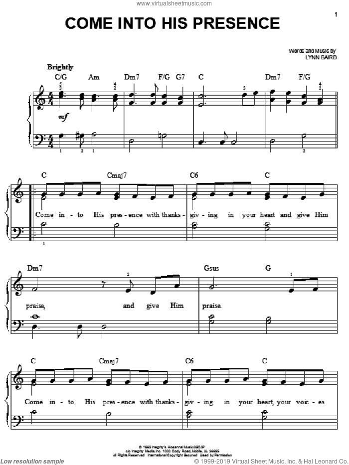 Come Into His Presence sheet music for piano solo by Lynn Baird, easy skill level