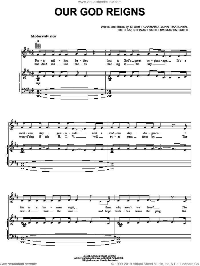 Our God Reigns sheet music for voice, piano or guitar by Delirious?, John Thatcher, Martin Smith, Stewart Smith, Stuart Garrard and Tim Jupp, intermediate skill level