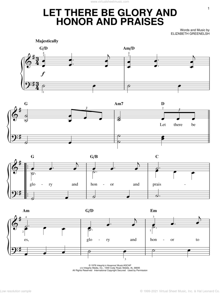 Let There Be Glory And Honor And Praises sheet music for piano solo by Elizabeth Greenelsh, easy skill level