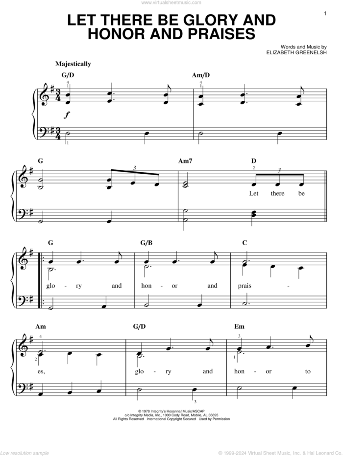 Let There Be Glory And Honor And Praises sheet music for piano solo by Elizabeth Greenelsh, easy skill level