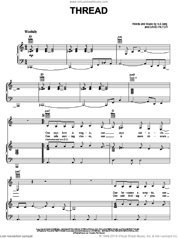 Thread sheet music for voice, piano or guitar by K.D. Lang and David Piltch, intermediate skill level