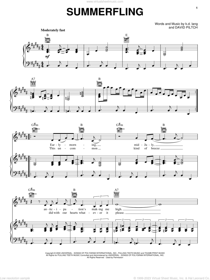 Summerfling sheet music for voice, piano or guitar by K.D. Lang and David Piltch, intermediate skill level