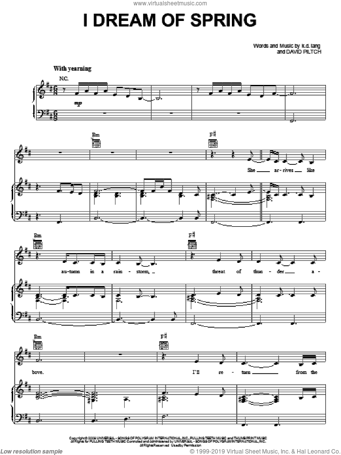 I Dream Of Spring sheet music for voice, piano or guitar by K.D. Lang and David Piltch, intermediate skill level