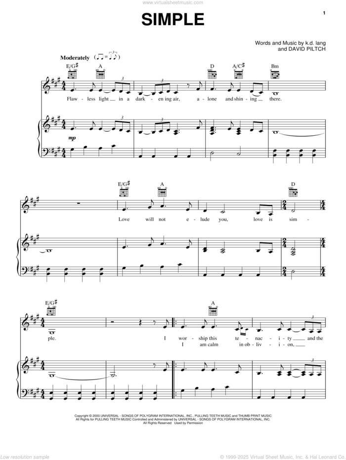 Simple sheet music for voice, piano or guitar by K.D. Lang and David Piltch, intermediate skill level