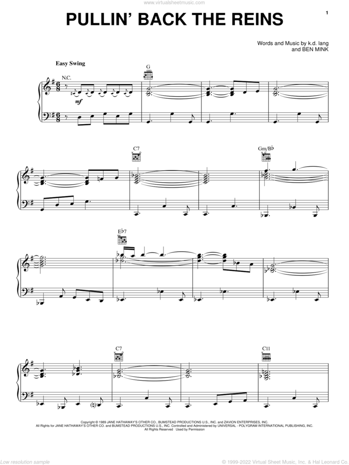 Pullin' Back The Reins sheet music for voice, piano or guitar by K.D. Lang and Ben Mink, intermediate skill level