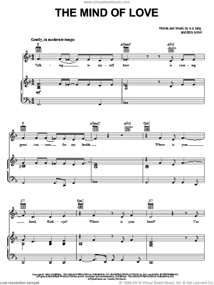 The Mind Of Love sheet music for voice, piano or guitar by K.D. Lang and Ben Mink, intermediate skill level