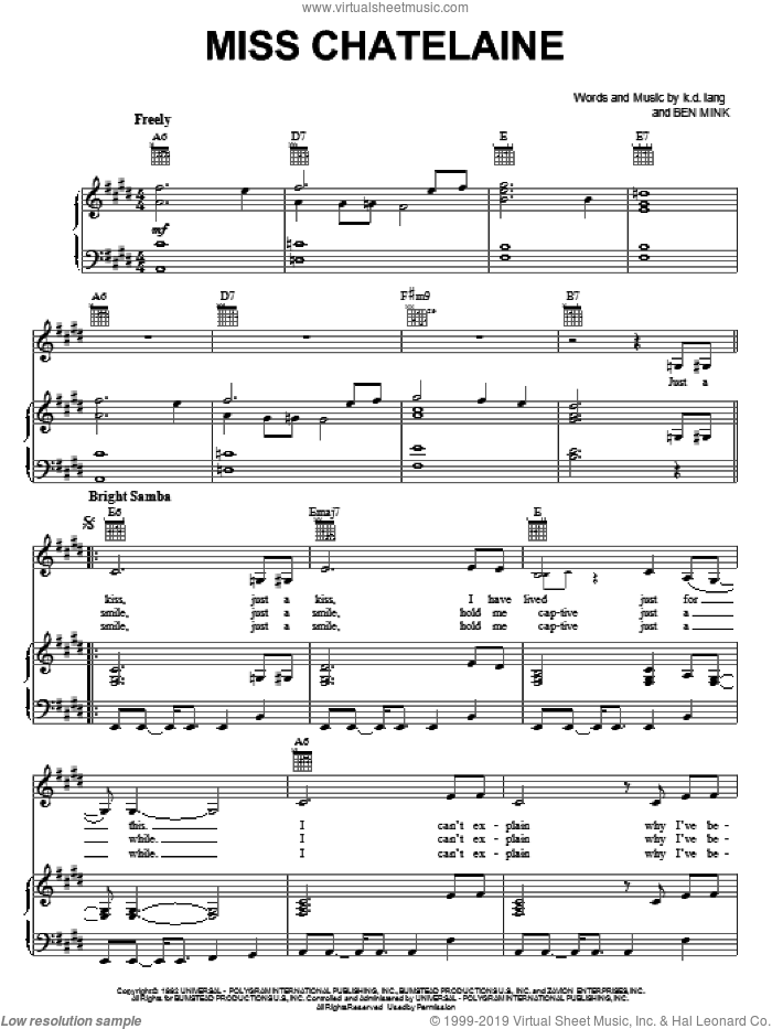 Miss Chatelaine sheet music for voice, piano or guitar by K.D. Lang and Ben Mink, intermediate skill level