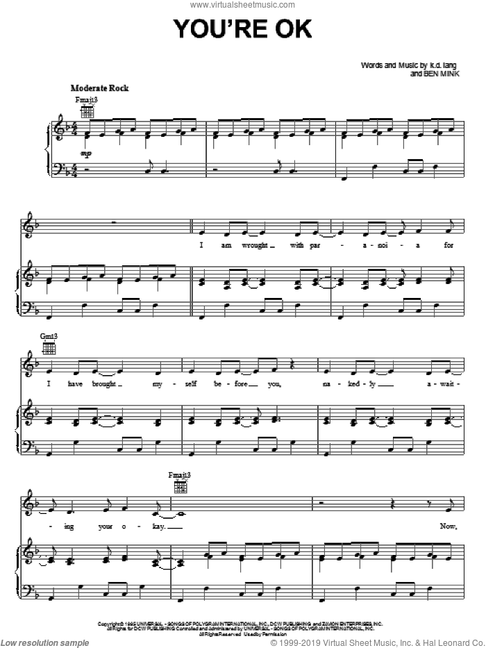 You're OK sheet music for voice, piano or guitar by K.D. Lang and Ben Mink, intermediate skill level