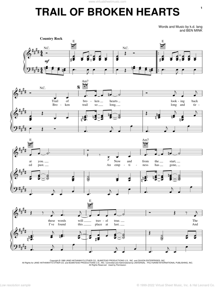 Trail Of Broken Hearts sheet music for voice, piano or guitar by K.D. Lang and Ben Mink, intermediate skill level