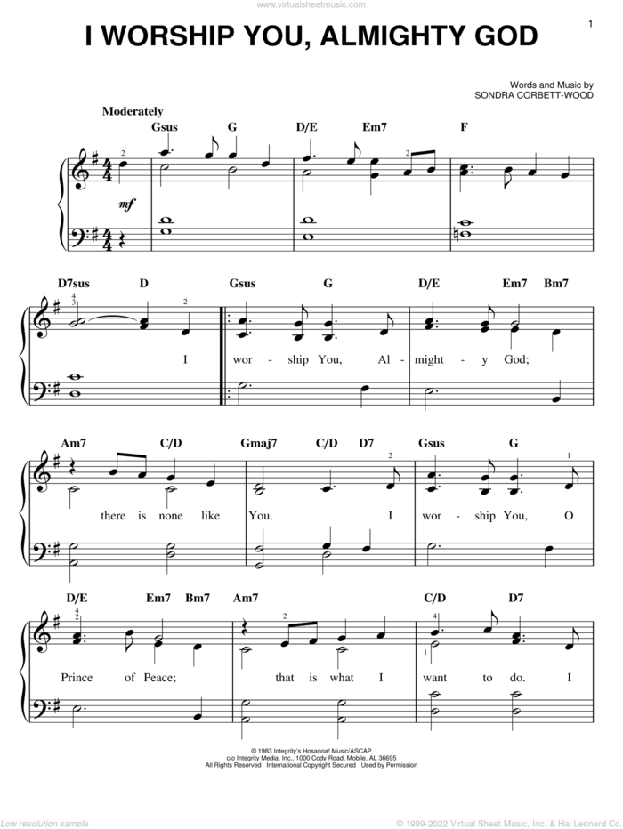 I Worship You, Almighty God, (easy) sheet music for piano solo by Sondra Corbett-Wood, easy skill level