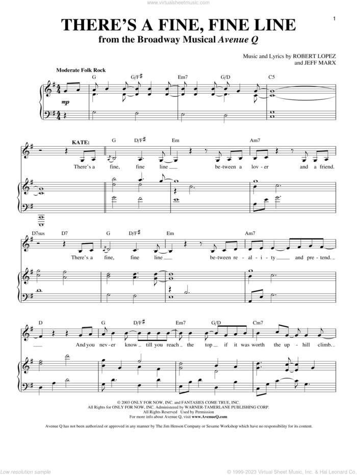 There's A Fine, Fine Line (from Avenue Q) sheet music for voice and piano by Robert Lopez, Avenue Q, Richard Walters, Jeff Marx and Robert Lopez & Jeff Marx, intermediate skill level