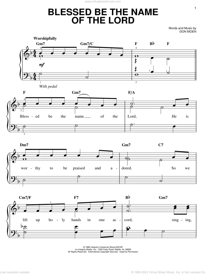 Blessed Be The Name Of The Lord sheet music for piano solo by Don Moen, easy skill level